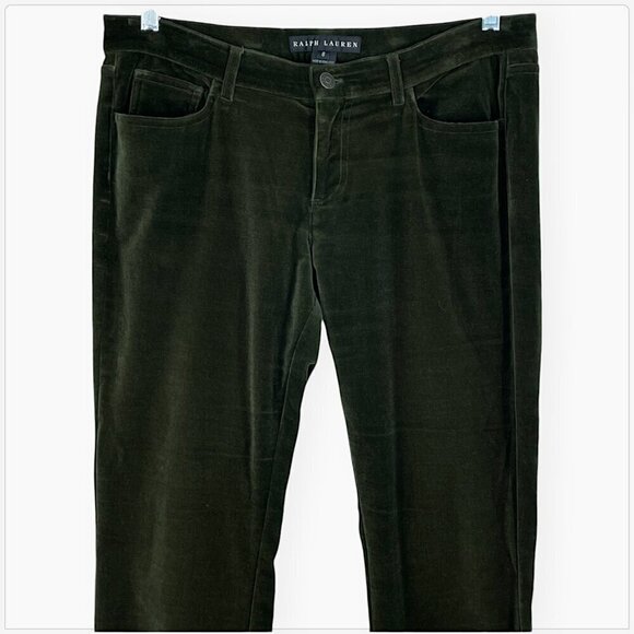 Ralph Lauren Black Label Dark Olive Green Stretch Velvet Jeans Pants Size 8 - Picture 2 of 5